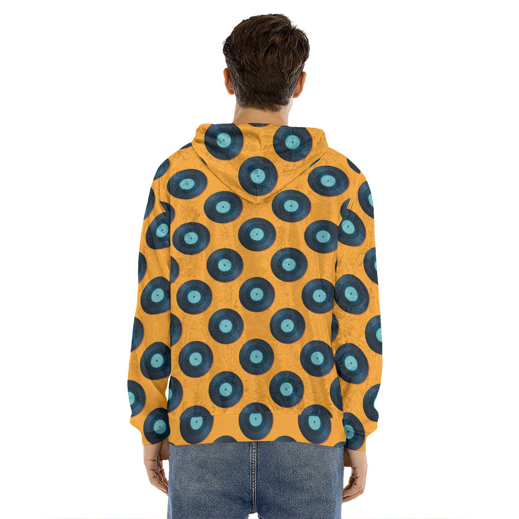 Blue Vinyl Record Pattern Print Men's Velvet Pullover Hoodie