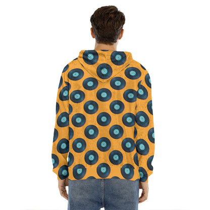 Blue Vinyl Record Pattern Print Men's Velvet Pullover Hoodie
