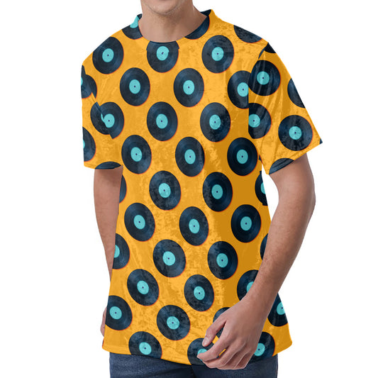 Blue Vinyl Record Pattern Print Men's Velvet T-Shirt