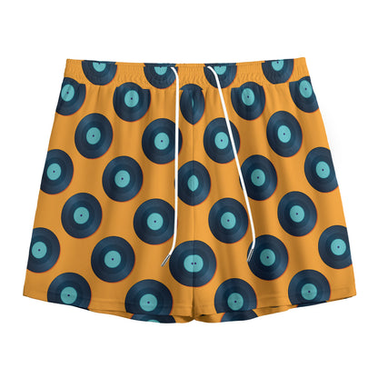 Blue Vinyl Record Pattern Print Mesh Shorts