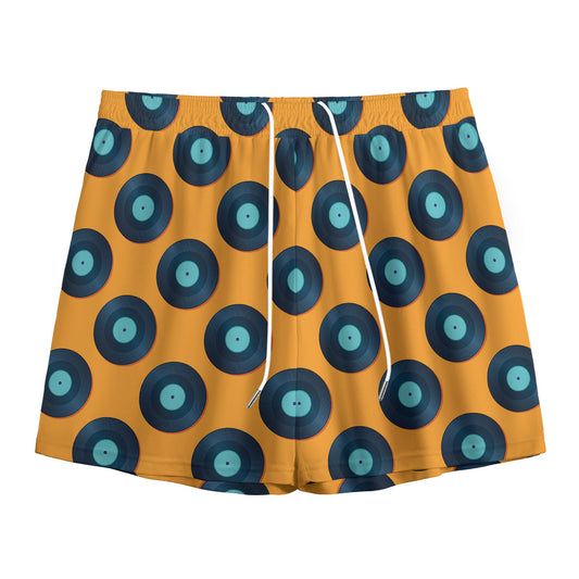 Blue Vinyl Record Pattern Print Mesh Shorts