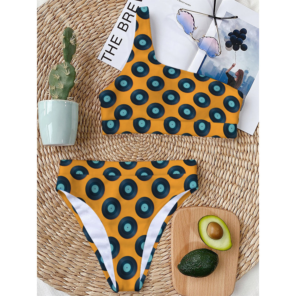 Blue Vinyl Record Pattern Print One Shoulder Bikini Top