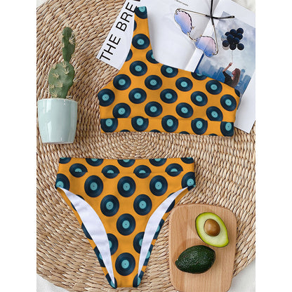 Blue Vinyl Record Pattern Print One Shoulder Bikini Top