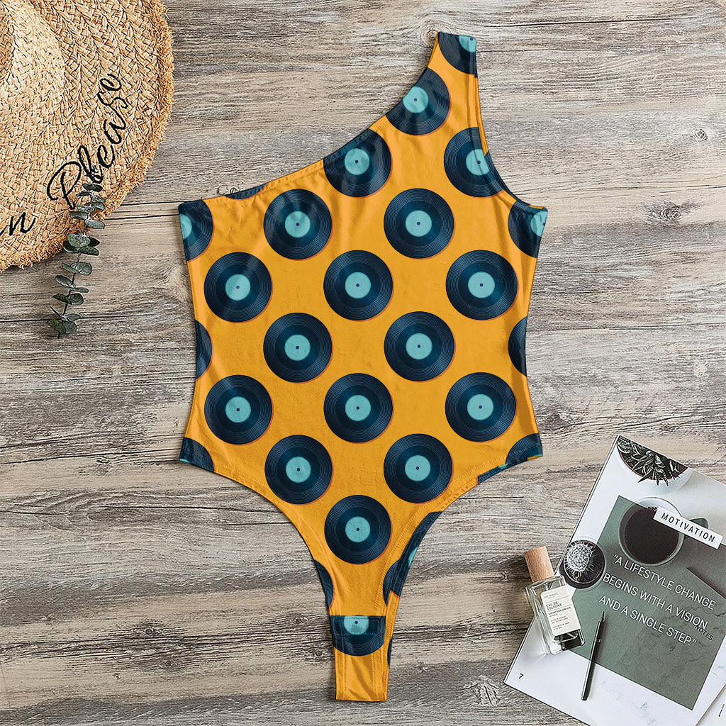 Blue Vinyl Record Pattern Print One Shoulder Bodysuit