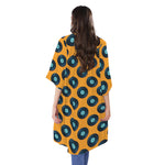 Blue Vinyl Record Pattern Print Open Front Beach Cover Up