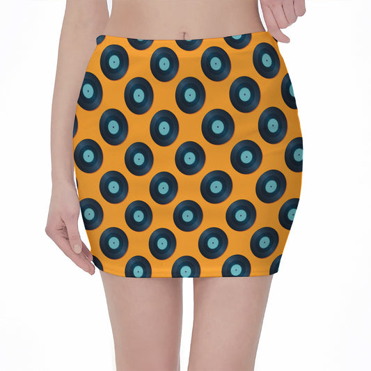 Blue Vinyl Record Pattern Print Pencil Mini Skirt