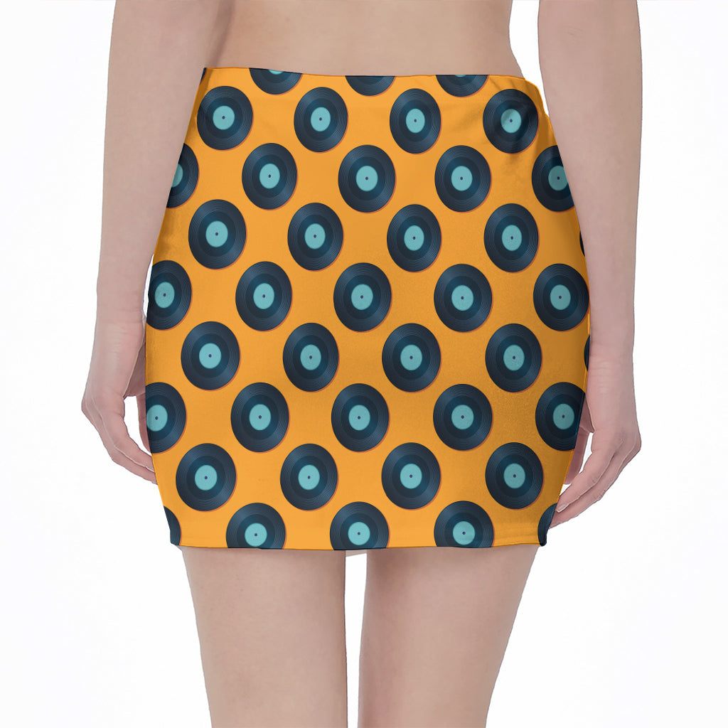 Blue Vinyl Record Pattern Print Pencil Mini Skirt