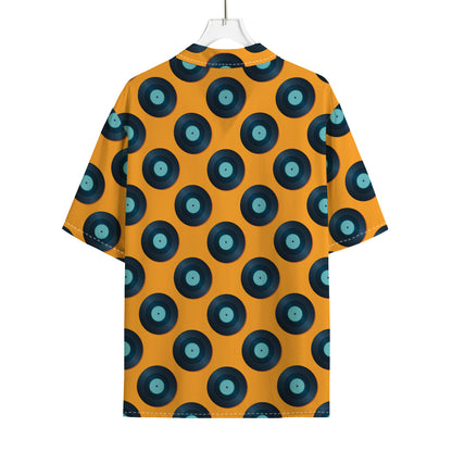 Blue Vinyl Record Pattern Print Rayon Hawaiian Shirt