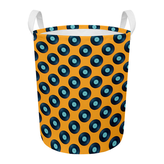 Blue Vinyl Record Pattern Print Round Laundry Basket