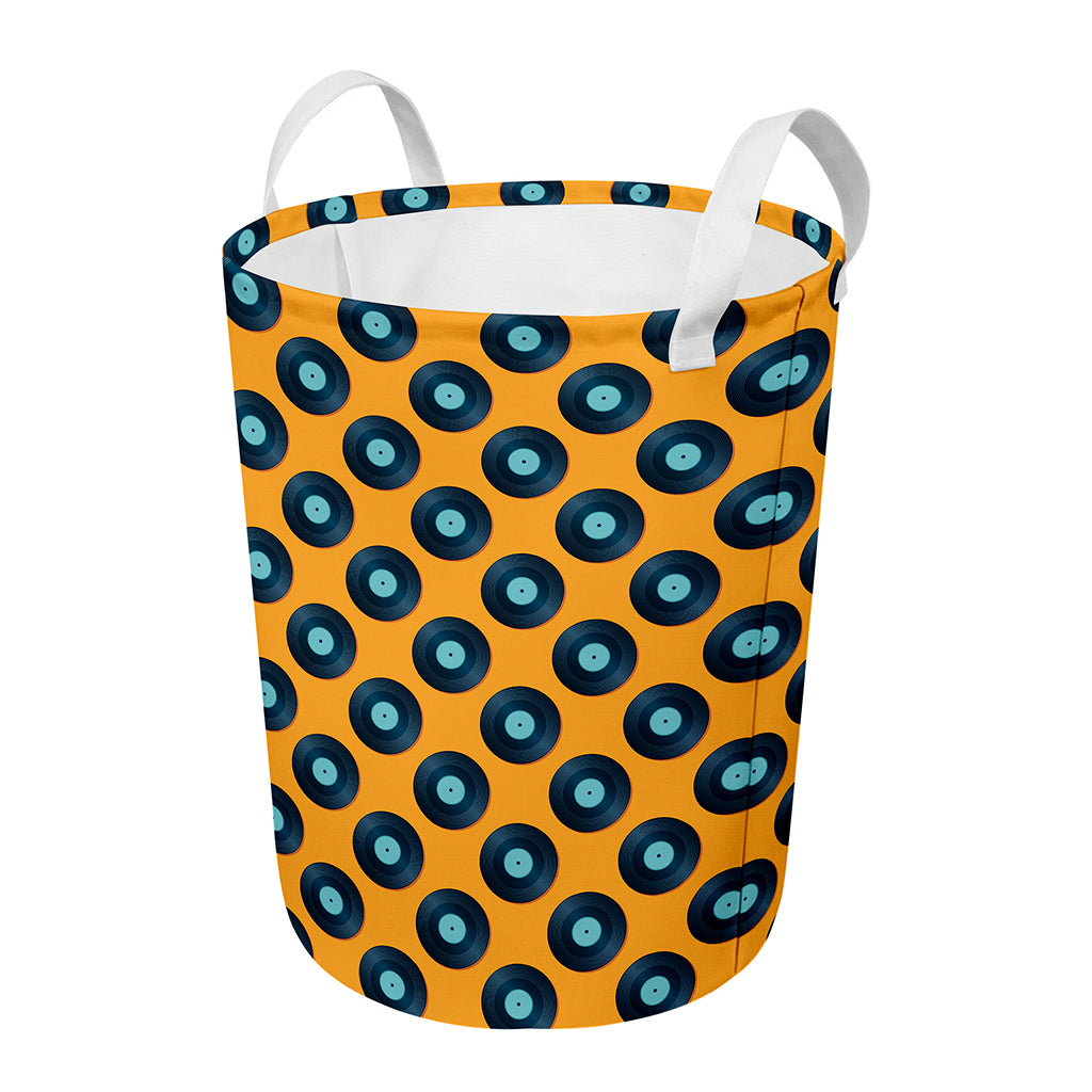 Blue Vinyl Record Pattern Print Round Laundry Basket