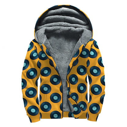 Blue Vinyl Record Pattern Print Sherpa Lined Zip Up Hoodie
