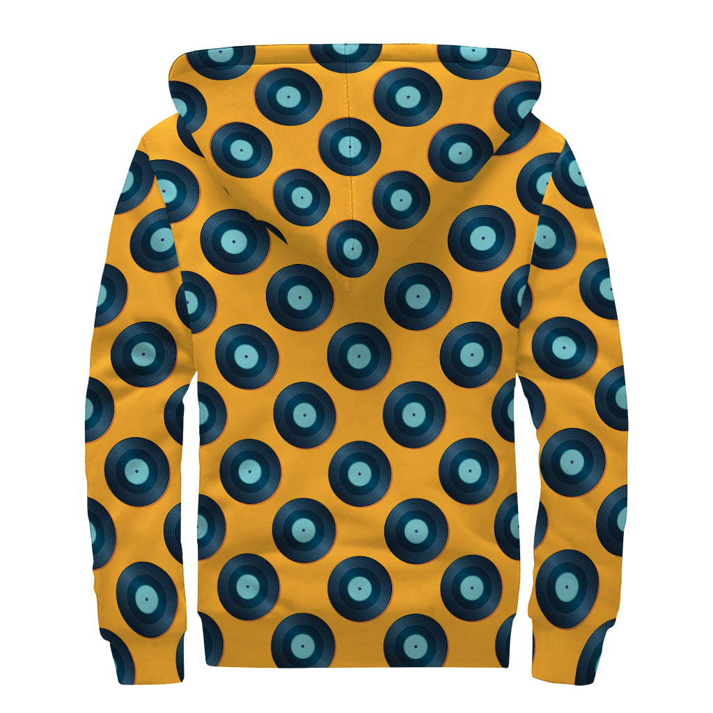 Blue Vinyl Record Pattern Print Sherpa Lined Zip Up Hoodie