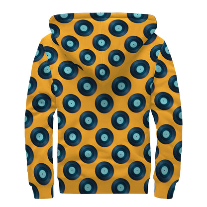 Blue Vinyl Record Pattern Print Sherpa Lined Zip Up Hoodie