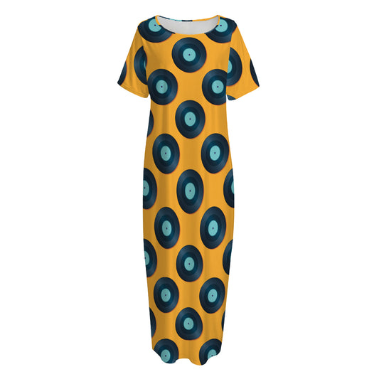 Blue Vinyl Record Pattern Print Short Sleeve Long Nightdress