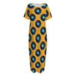Blue Vinyl Record Pattern Print Short Sleeve Long Nightdress