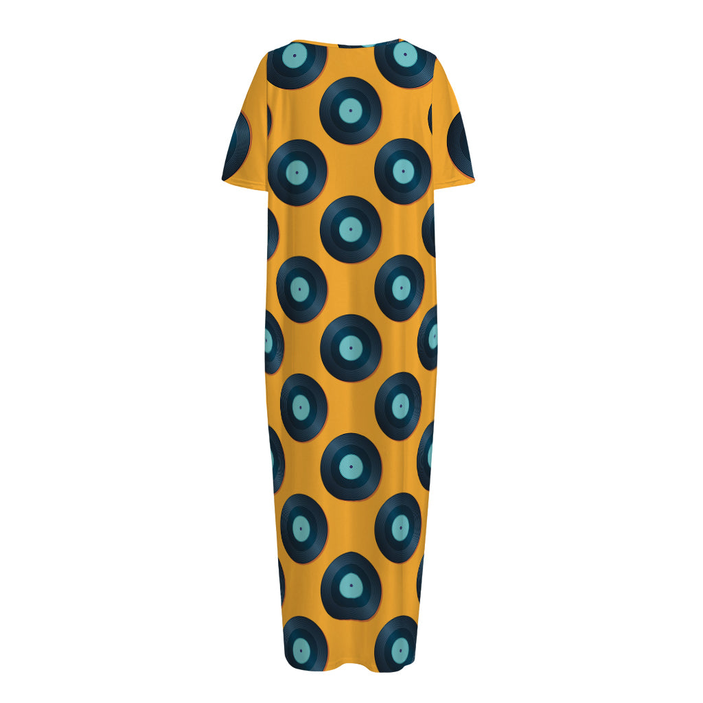Blue Vinyl Record Pattern Print Short Sleeve Long Nightdress