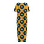 Blue Vinyl Record Pattern Print Short Sleeve Long Nightdress