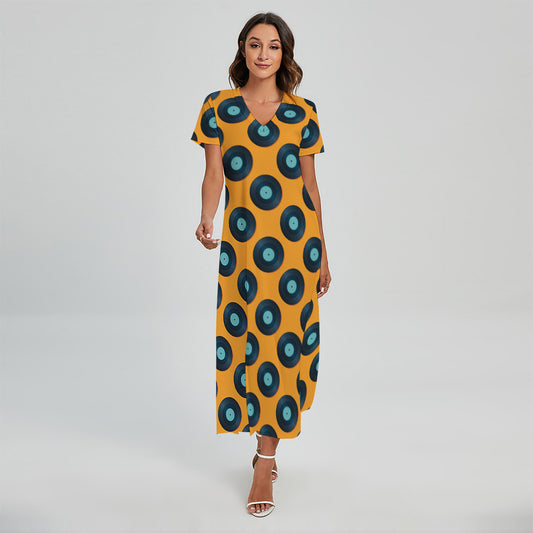 Blue Vinyl Record Pattern Print Short Sleeve Maxi Dress