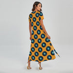 Blue Vinyl Record Pattern Print Short Sleeve Maxi Dress