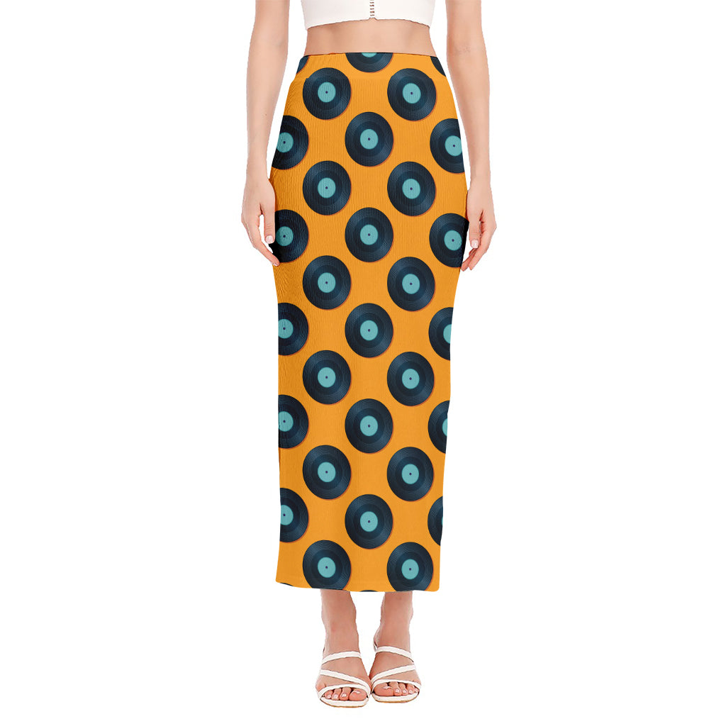 Blue Vinyl Record Pattern Print Side Slit Maxi Skirt
