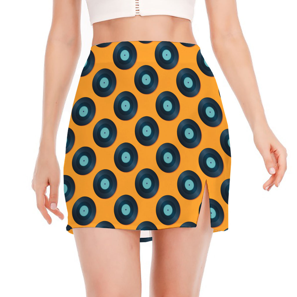 Blue Vinyl Record Pattern Print Side Slit Mini Skirt