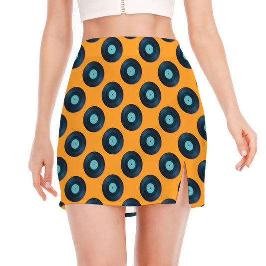 Blue Vinyl Record Pattern Print Side Slit Mini Skirt