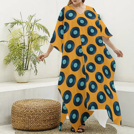 Blue Vinyl Record Pattern Print Silk V-Neck Kaftan Dress
