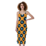 Blue Vinyl Record Pattern Print Slim Fit Midi Cami Dress