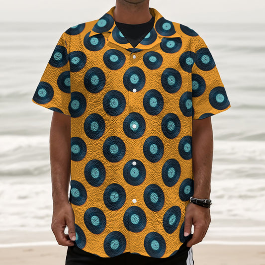Blue Vinyl Record Pattern Print Textured Short Sleeve Shirt