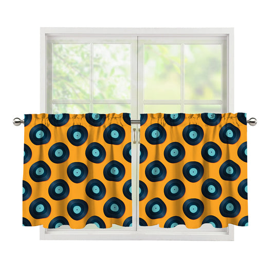 Blue Vinyl Record Pattern Print Tier Curtains