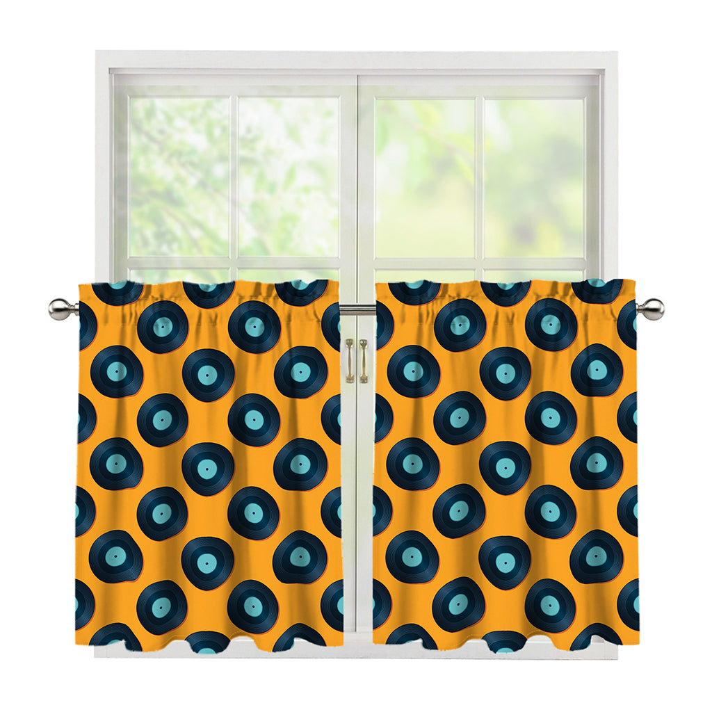 Blue Vinyl Record Pattern Print Tier Curtains