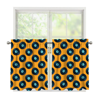 Blue Vinyl Record Pattern Print Tier Curtains