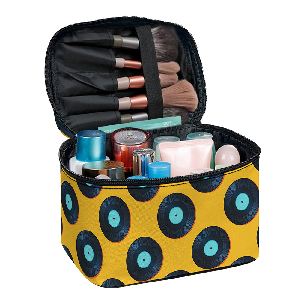 Blue Vinyl Record Pattern Print Travel Makeup Bag