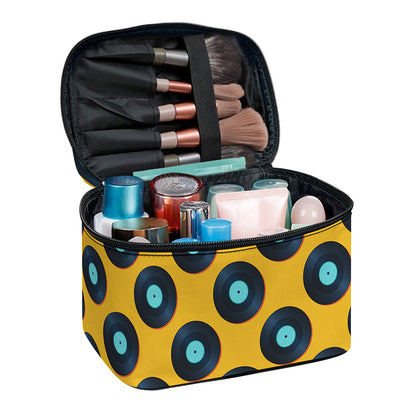Blue Vinyl Record Pattern Print Travel Makeup Bag