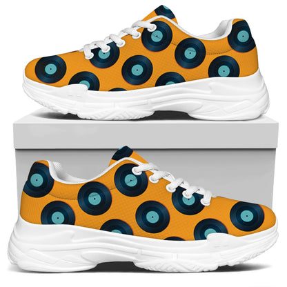 Blue Vinyl Record Pattern Print White Chunky Shoes