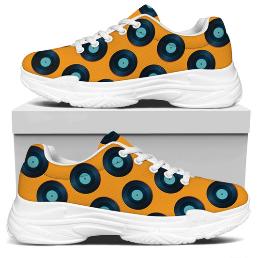 Blue Vinyl Record Pattern Print White Chunky Shoes