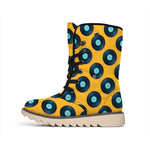 Blue Vinyl Record Pattern Print Winter Boots