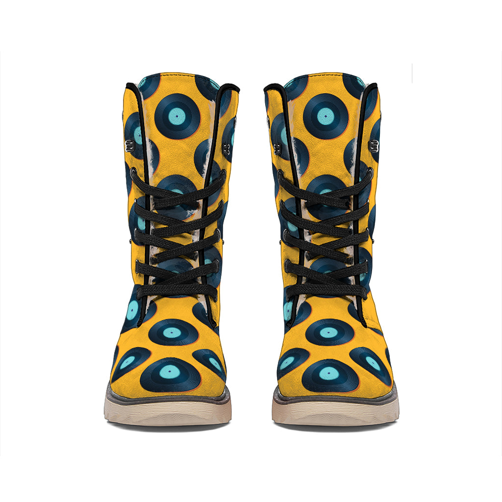 Blue Vinyl Record Pattern Print Winter Boots