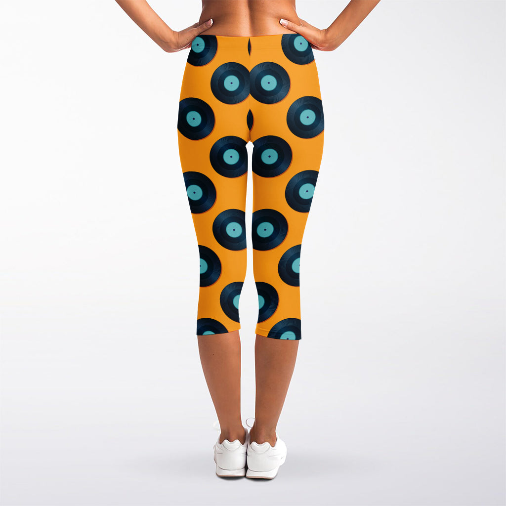 Blue Vinyl Record Pattern Print Women's Capri Leggings