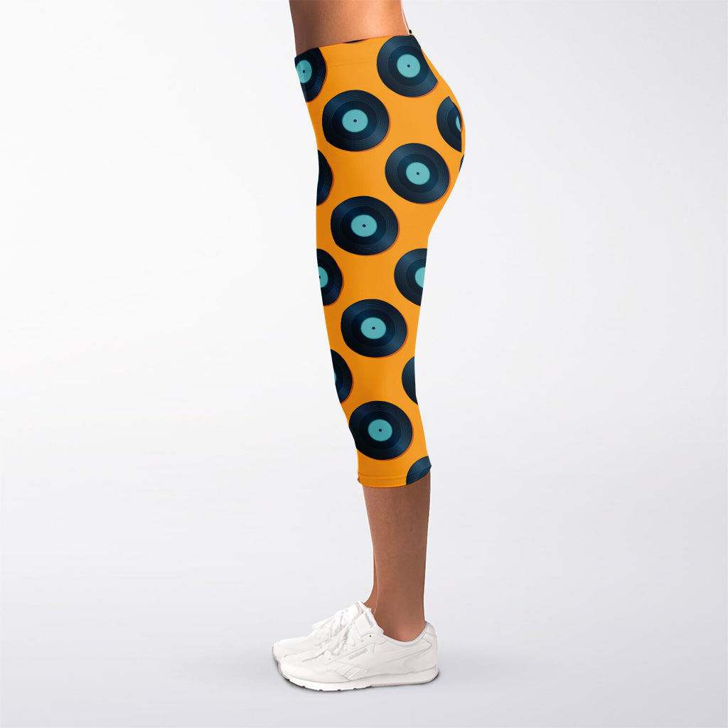 Blue Vinyl Record Pattern Print Women's Capri Leggings