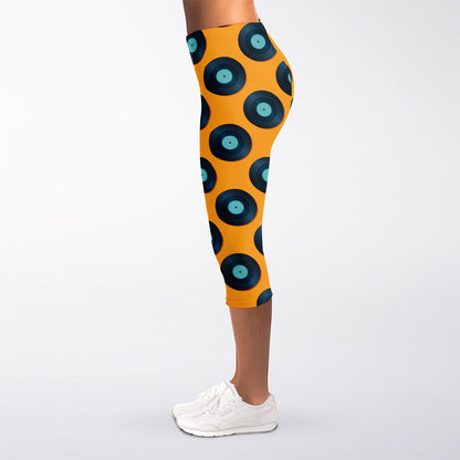 Blue Vinyl Record Pattern Print Women's Capri Leggings