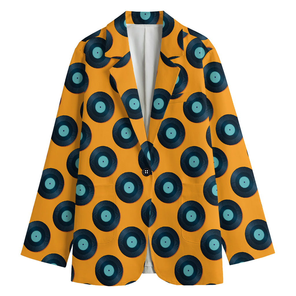 Blue Vinyl Record Pattern Print Women's Cotton Blazer