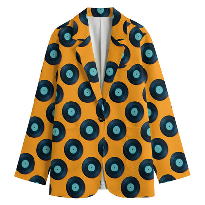 Blue Vinyl Record Pattern Print Women's Cotton Blazer