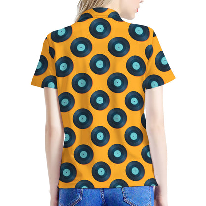 Blue Vinyl Record Pattern Print Women's Polo Shirt