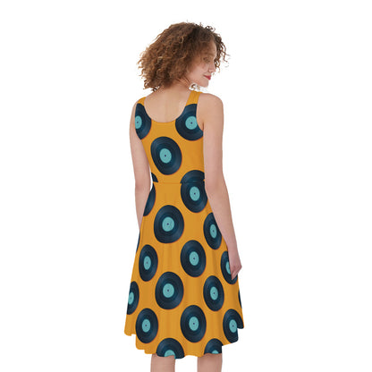 Blue Vinyl Record Pattern Print Women's Sleeveless Dress