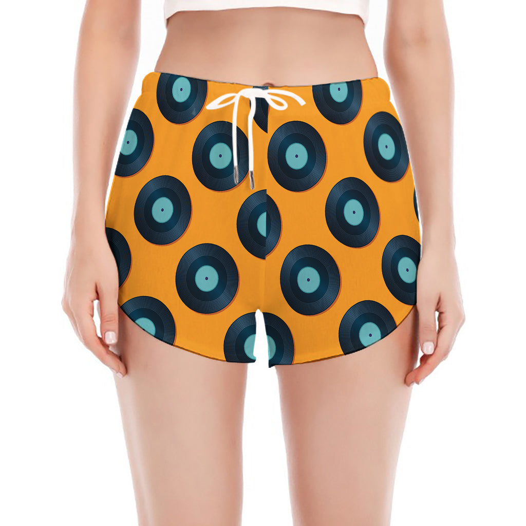 Blue Vinyl Record Pattern Print Women's Split Running Shorts