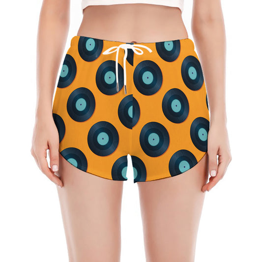 Blue Vinyl Record Pattern Print Women's Split Running Shorts