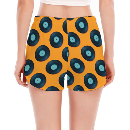 Blue Vinyl Record Pattern Print Women's Split Running Shorts