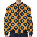 Blue Vinyl Record Pattern Print Zip Sleeve Bomber Jacket