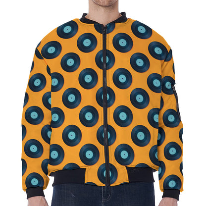 Blue Vinyl Record Pattern Print Zip Sleeve Bomber Jacket